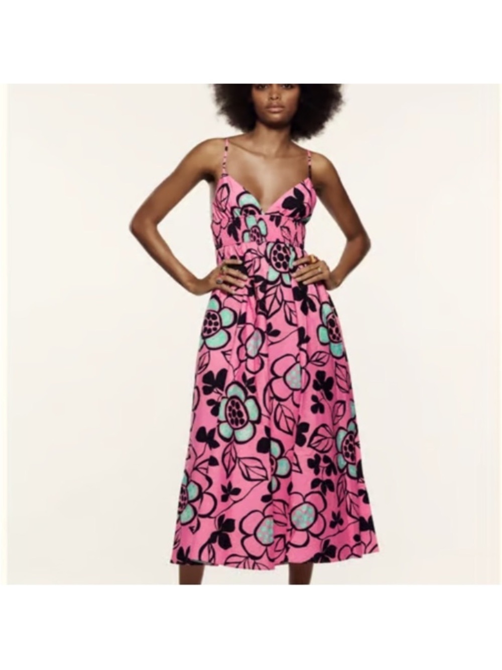 Zara Pink Floral Poplin Midi Dress with Turquoise Accents
